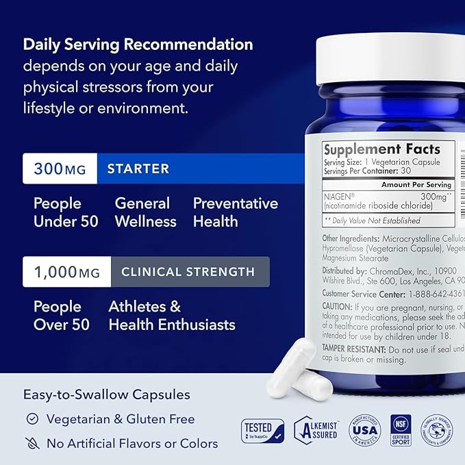 TRU NIAGEN Patented NAD Supplement for Brain Function Anti Aging &amp Cell Regeneration 300mg Niagen 30 Servings | Supports Cellular Energy Muscle | Nicotinamide Riboside (NR) Take 1 Daily | 1 Bo