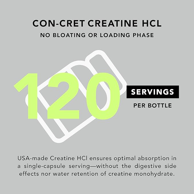 AMANDEAN Creatine HCl Pills. American Made CON-CRET. 120 Capsules. 7X Concentrated vs Monohydrate Powder. No Bloat. Muscle Energy Cognitive Recovery Support for Men &amp Women. Gluten Free Non-GM