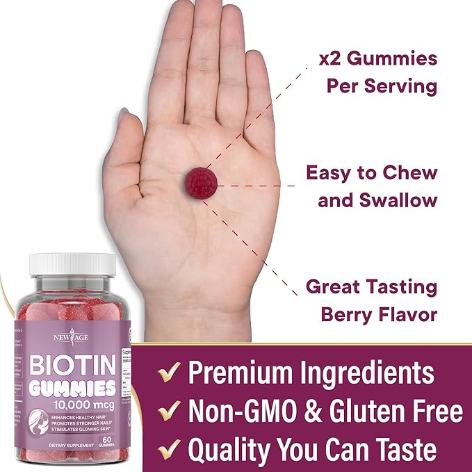 NEW AGE Biotin Gummies – Hair Skin &amp Nails Gummies – 10000 mcg - Non-GMO Supplement for Women Men - Made in USA -120 Count