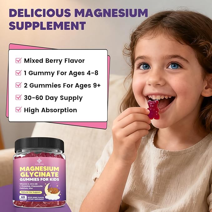 Kids Magnesium Gummies - Magnesium Glycinate Gummies 400mg/200mg with L-Theanine Chamomile Vitamin B6 D3 for Kids Relaxation &amp Zzz Support Nerve Bone - Sugar Free Mixed Berry Flavor 120ct