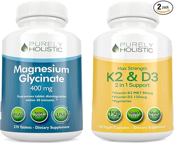 Magnesium Glycinate 400mg + Vitamin D3 125mcg K2 MK7 90mcg - 270 Tablets &amp 150 Capsules Bundle - Made in USA