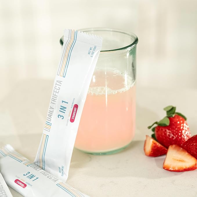DAILY TRIFECTA 3-in-1 Collagen Creatine &amp Electrolyte Stick Packs | Type I Collagen Creatine Monohydrate Zero Sugar | 30 Natural Single-Serve Packets | Strength Hydration &amp Recovery (Straw