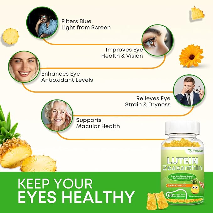 Lutein 20 mg with Zeaxanthin Gummies Lutein and Zeaxanthin Supplements with Eye Vitamins C E Bilberry for Eye Health - 120Cts