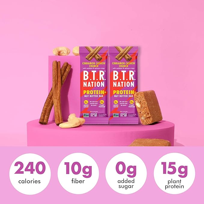B.T.R. Nation Vegan Keto Plant Based High Protein &amp High Fiber Bars - Cinnamon Cashew Crunch Protein+ | 12 Bars | Low Carb &amp GF Free of Sugar Alcohols Dairy Soy and with Powerful Superfoods