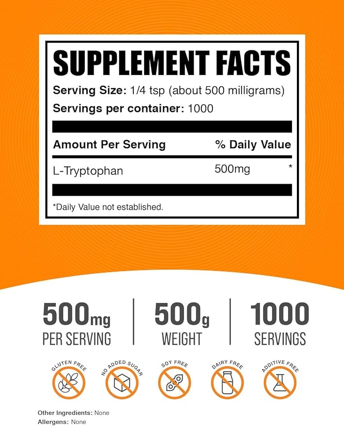 BulkSupplements.com L-Tryptophan Powder - Tryptophan Supplement Amino Acid Supplement - Gluten Free 500mg per Serving 500g (1.1 lbs) (Pack of 1)