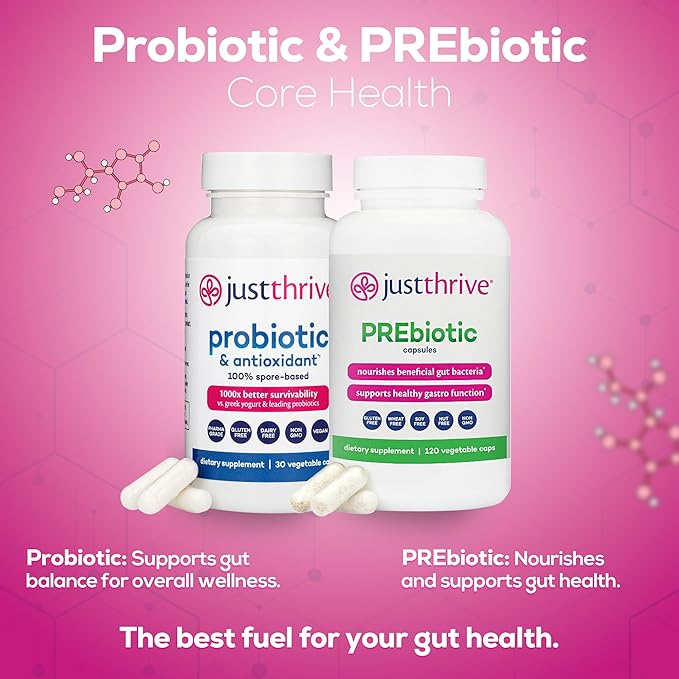 Just Thrive Probiotic &amp Antioxidant 30 Caps &amp PREbiotic 120 Caps Bundle Spore-Based Digestive &amp Immune Support Prebiotic Blend Gut Health Gluten-Free- 30-Day Supply