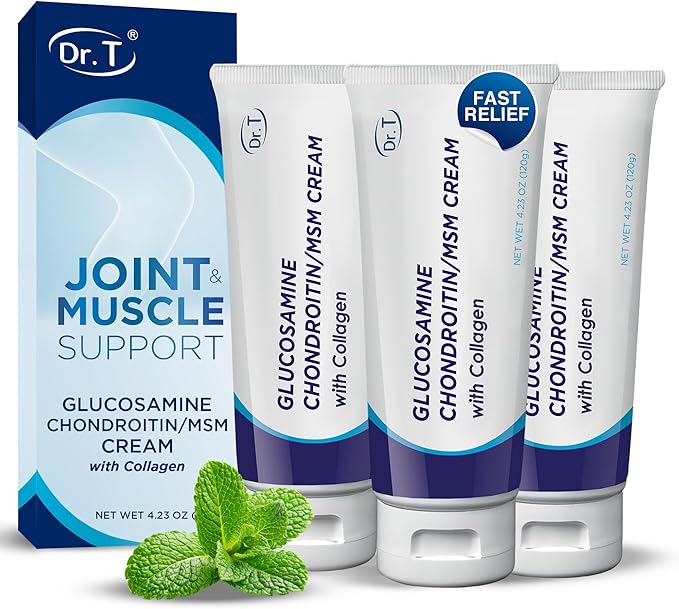 Dr. T Glucosamine Chondroitin Cream - Premium Formula with MSM and Collagen for Joint and Muscle Discomfort - Maintains Joint Strength Flexibility &amp Muscle Mobility - 4.23 oz / 120g (3 Pack)