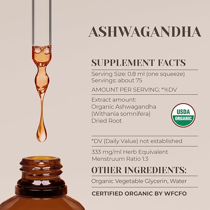 Ashwagandha USDA Organic Alcohol-Free Extract | Dietary Supplement High-Potency Tincture | Natural Certified Organic Ashwagandha (Withania Somnifera) Dried Root (2 oz)