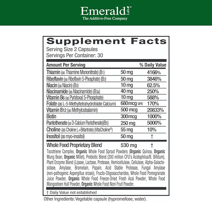 EMERALD LABS B-Healthy - Vegan Vitamin B Complex - Includes Methylated Folic Acid &amp Full Spectrum B Vitamins - Supports Immune Brain &amp Heart Health* - 60 Vegetable Capsules