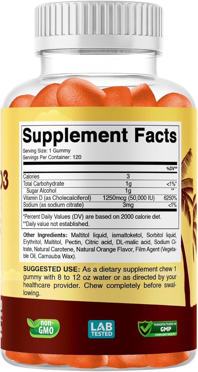 Sugar-Free Vitamin D3 50000 IU Weekly Gummies – 120 Count Bone Teeth and Immune Support – Non-GMO Easy-to-Chew Supplement