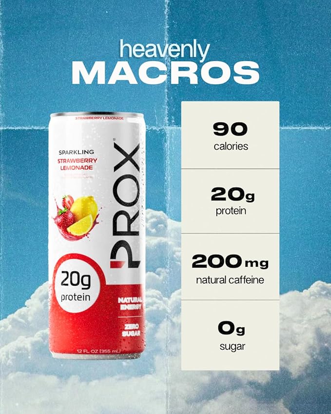 PROX Hybrid Energy Drink with 20g Protein Zero Sugar 200mg Natural Caffeine 90 Calories 12 Pack (Strawberry Lemonade)