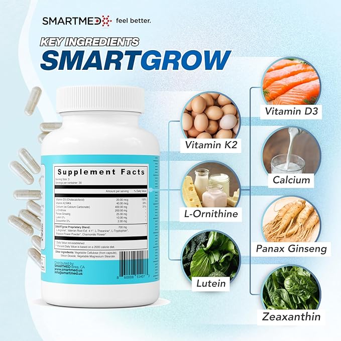 SMARTGROW Height Growth Supplement – Calcium Vitamin D3 L-Arginine – 5-in-1 Formula for Kids Teens Adults – Sleep Support Bone Strength Immunity Brain &amp Eye Health – 3 Month Supply