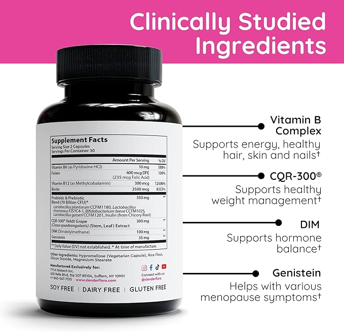 SlenderFlora - Menopause Probiotic Supplement | Weight Management Hot Flashes Night Sweats Bloating | 70 Billion CFU | Gluten Soy &amp Dairy Free | 60 Count