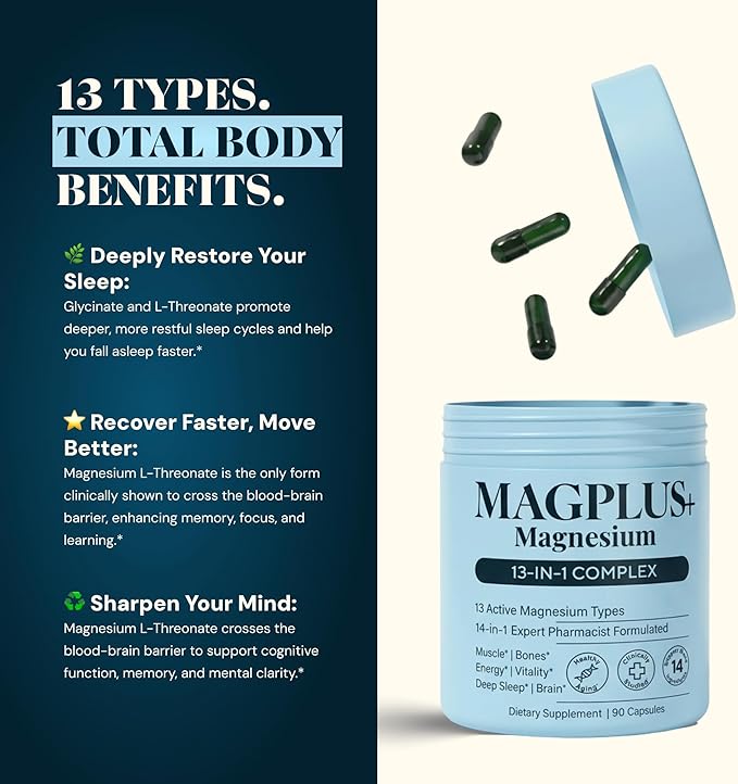 Magnesium Complex for Women &amp Men 1000mg | MAGPLUS+ 13-in-1 Advanced Liposomal Ultra Formula | Glycinate L-Threonate &amp Triple Magnesium Blend | Brain Memory &amp Deep Sleep | 90 Capsules