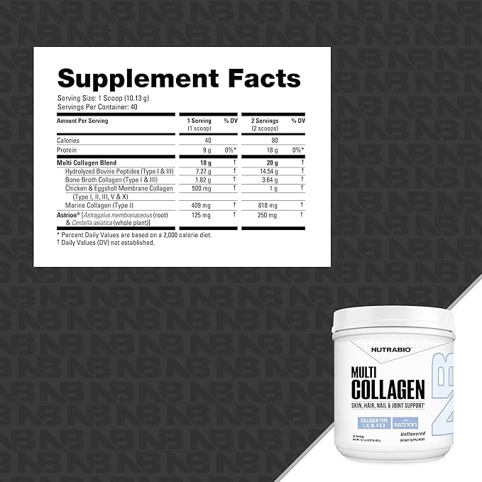 NutraBio Multi Collagen Powder - Hydrolyzed Collagen Peptides for Glowing Hair &amp Skin - Grass-Fed - Collagen Powder for Women and Men - 40 Servings- Unflavored