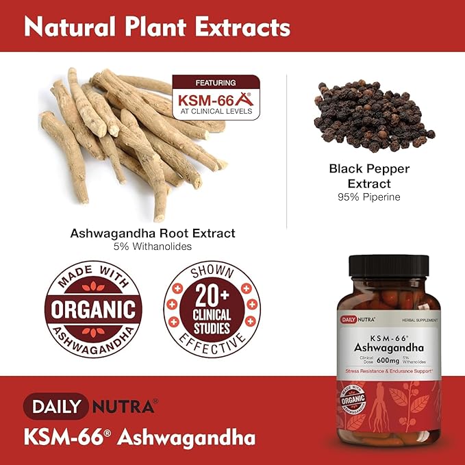 DailyNutra KSM-66 Ashwagandha 600mg Organic Root Extract - High Potency Supplement with 5% Withanolides | Relieves Tiredness Supports Relaxation Focus Energy &amp Muscle Growth (60 Capsules)