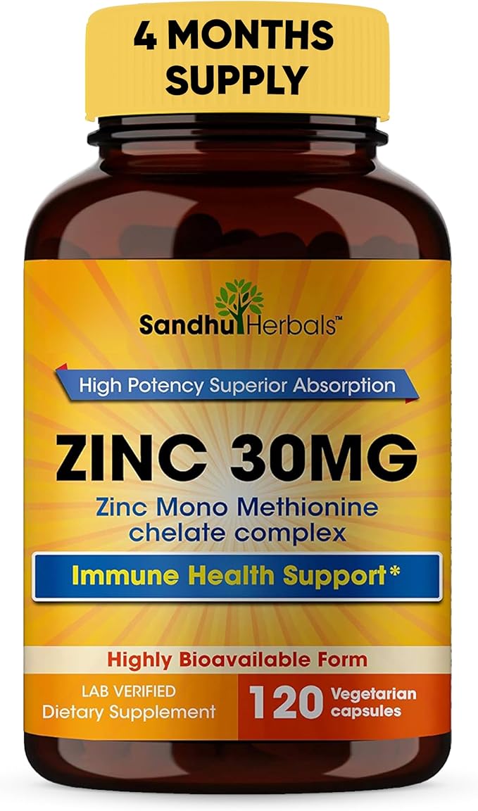 Sandhu Herbals Zinc 30mg Supplement and Organic 4 in 1 Ashwagandha Capsules with Zinc| Supports Healthy Skin Immune System| Non-GMO