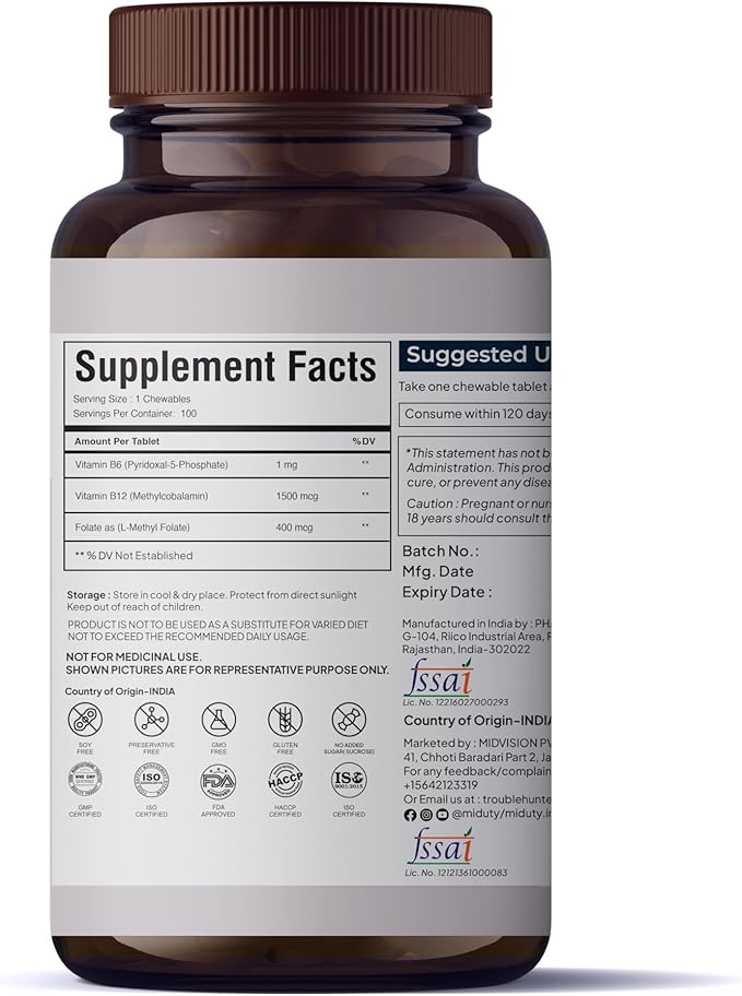 by Palak Notes - Methyl Vitamin B12 with Methylcobalamin - Folate - Vitamins B6 - Chewable Tablets - Natural Vitamin B12 Vitamin Tablets for Men and Women - 100 Chewables