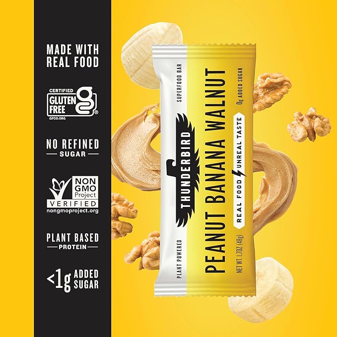 Thunderbird Bars Energy Snack Gluten-Free with Protein Healthy Real Food Vegan Non-GMO No Added Sugar Peanut Banana Walnut Flavor (12 Count 1.7 oz. Bars)
