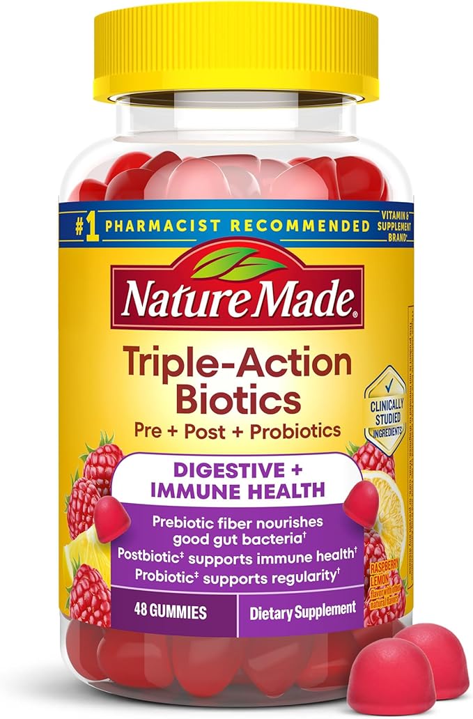 Nature Made Triple-Action Biotics Gut and Immune Health Support Digestive Probiotics for Women and Men Prebiotic Fiber Gummies 48 Gummies 24 Day Supply