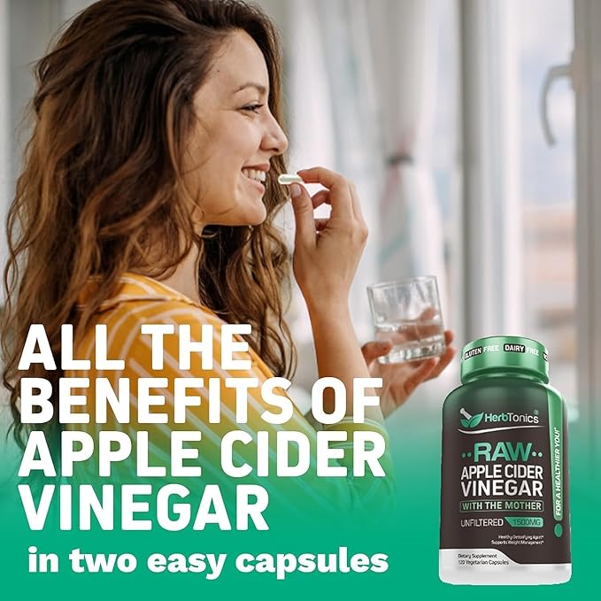 Herbtonics Raw Apple Cider Vinegar Capsules 1500mg with Mother | Weight Management Detox &amp Digestion Formula with GLP-1 Support | Unfiltered ACV for Metabolic Support | 120 Vegan Capsules