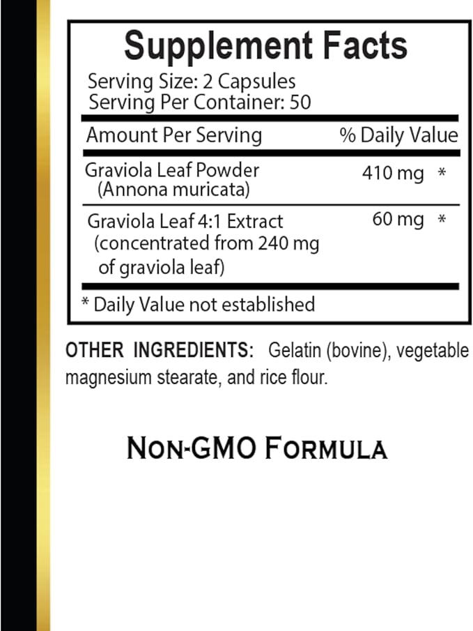 Soursop Graviola Extract Capsules - GMP-Certified Supplements - Pure &amp Natural Herbal Formula - Non-GMO Gluten-Free - Digestion Support - 1 Bottle 100 Capsules