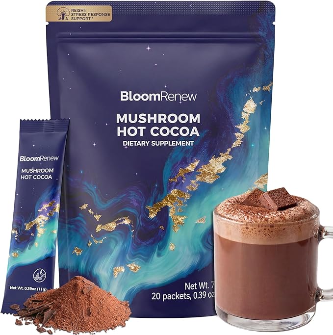 Mushroom Hot Cocoa Natural Sleep Supplement Organic Reishi Melatonin L-Theanine Glycine Cocoa Powder for Deep Sleep &amp Stress Relief Drug Free Keto Friendly Gluten Free 20 Servings