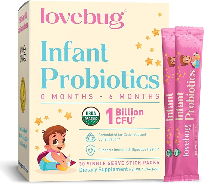 LOVEBUG Infant Probiotics 0-6 Months - USDA Organic Probiotics for Babies Supports Baby Gas Colic Diarrhea and Newborn Constipation Relief Allergen &amp Sugar Free Tasteless Powder 30 Pack