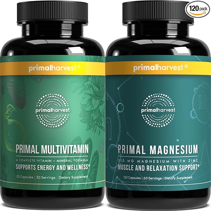 Primal Harvest Multivitamin &amp Magnesium Supplements for Women and Men Multi Vitamin Capsules and Magnesium Glycinate Pills Bundle
