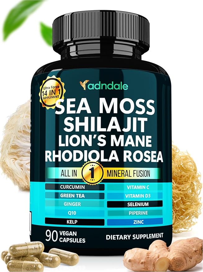 Adndale Sea Moss Capsules - Sea Moss Blend with Shilajit Lion's Mane Rhodiola &amp CoQ10-90 Count