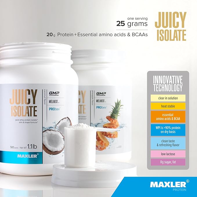 Maxler Juicy Isolate Protein Powder - Clear Whey Isolate - Low Lactose Fat Free Sugar Free Muscle Recovery Drink for Pre &amp Post Workout - Pineapple 1.1lb (20 Servings)