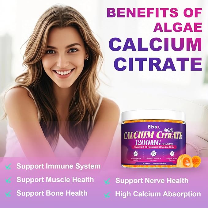 Calcium Citrate 1200mg with Vitamin D3 Gummies Chewable Algae Calcium Supplements for Women &amp Men Bone Muscle &amp Immune Support with Vitamin K2 Magnesium &amp Zinc Citrate Mango Flavor