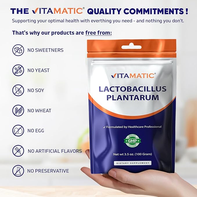 Vitamatic Lactobacillus Plantarum Probiotic Powder - Digestive Health Support - 100 Gram (3.5 OZ) - 100 Servings