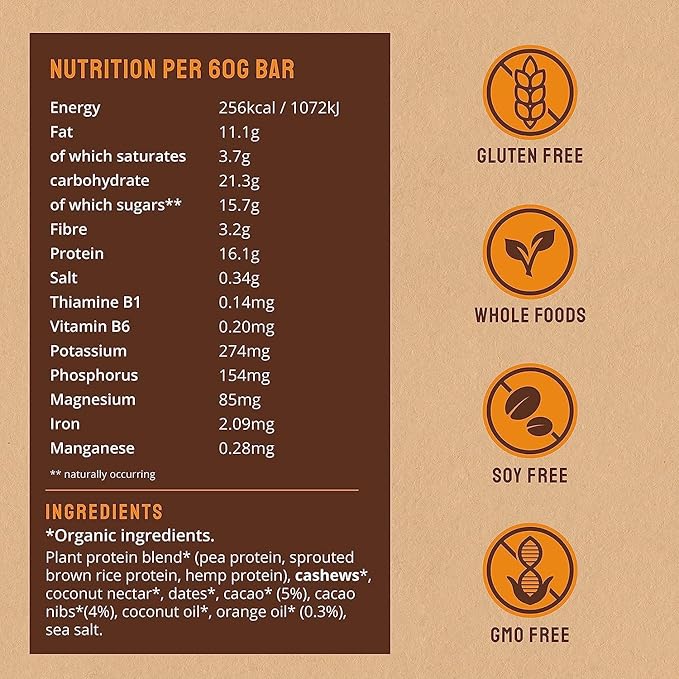 BodyMe Organic Vegan Protein Bar | Raw Cacao Orange | Box of 12 x 60g (2.12oz) | with 3 Plant Proteins