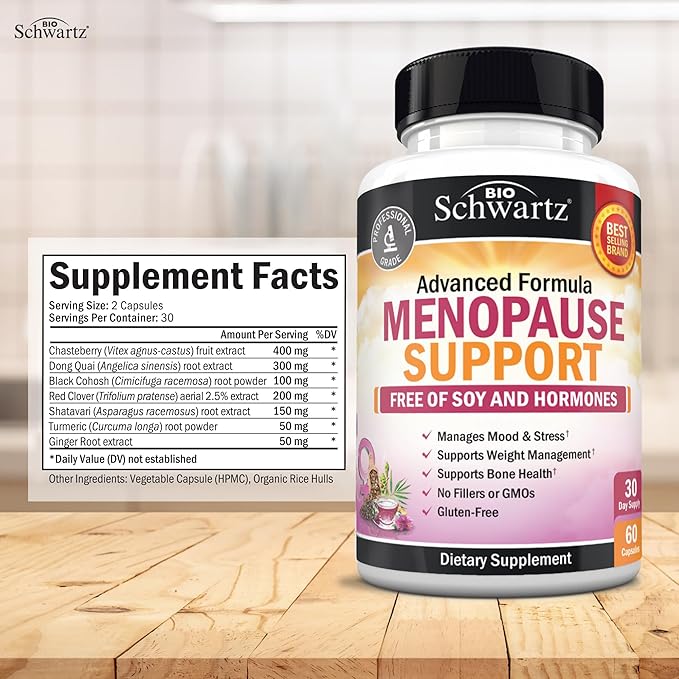 BioSchwartz Herbal Menopause Supplement with Black Cohosh (1 Month Supply) Plus Bone Strength Mineral Supplement with Calcium and Magnesium (1 Month Supply)
