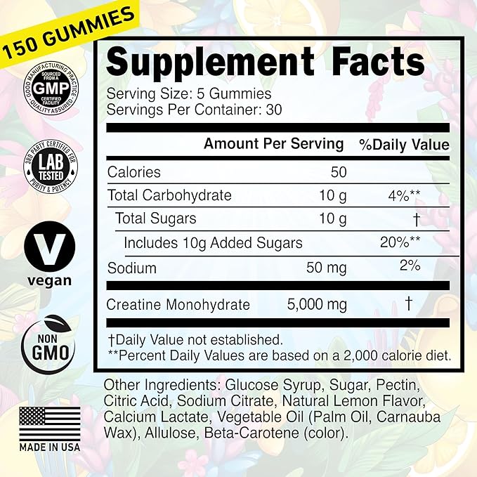 Creatine Monohydrate Gummies 5g - Made in USA - Pre Workout Creatine Chews for Women &amp Men Vegan Creatine Gummy Candy Chewable Nutritional Supplements NSF Certified (Lemon 150 Count)