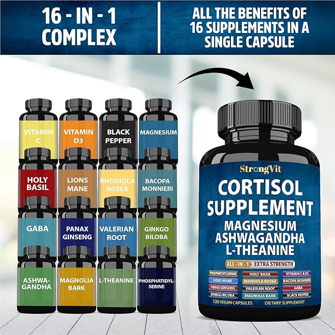 Cortisol Supplements for Women and Men with Magnesium Ashwagandha &amp L-Theanine. High Cortisol Reducer Manager Detox Lower and Control. Sleep Support &amp Stress Relief USA (120 Capsules)