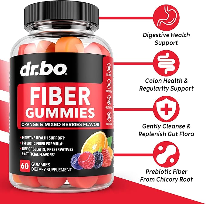 DR. BO Fiber Gummies Colon Cleanse &amp Ginger - Tasty Gummy Prebiotic Fiber Supplement - Bowel Movement Support for Gut &amp Stomach Cleansing