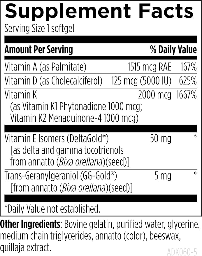 Designs for Health ADK Evail - 5000 IU VIT D3 with Vitamins A E (Annatto Gamma Delta Tocotrienols) K (K1 + K2) - Fat Soluble Vitamin D Complex - Bone + Immune Support - Non-GMO (60 Softgels)