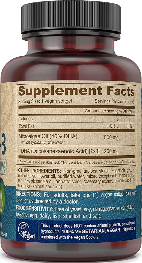 Deva Vegan Omega-3 DHA Supplement - Once-Per-Day Softgels 200 MG - Carrageenan Free - Gelatin Free - Non-Fish - Algae Oil Omega-3 Fatty Acids - 90 Softgels