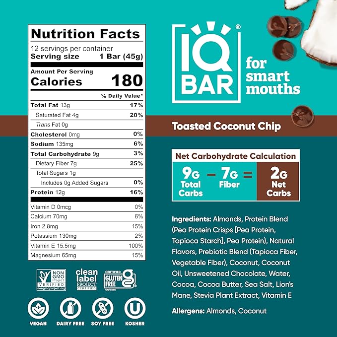 IQBAR Clean Plant Protein Bars - Toasted Coconut Chip - 36 Count - Keto Vegan High Fiber Gluten and Dairy Free Low Sugar Snack - Brain and Body Nutrients for Focus Energy Meal Replacement