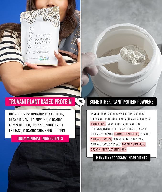 Truvani Vegan Pea Protein Powder | Vanilla | 20g Organic Plant Based Protein | Single Serving Travel Packets | 10 Servings | Keto | Gluten &amp Dairy Free | Low Carb | No Added Sugar