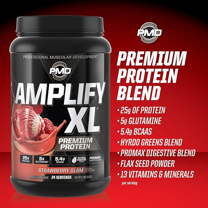PMD Sports Amplify XL Premium Whey Protein Supplement Hydro Greens Blend - Glutamine and Whey Protein Matrix with Superfood for Muscle Strength and Recovery - Strawberry Slam (24 Servings)