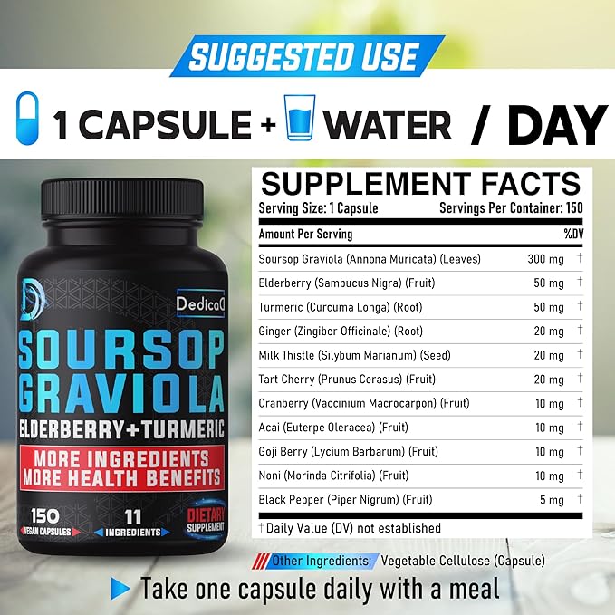 11in1 Graviola Soursop Capsules for 5 Months Supply with Soursop Fruit Elderberry Turmeric Ginger Milk Thistle Cranberry &amp More - Mood - 150 Vegan Capsules