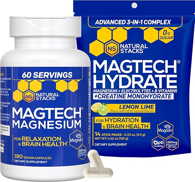 Magtech Magnesium Capsules + Hydration Creatine Powder Lemon Lime Bundle - 3 Forms of Magnesium - Featuring Magtein L-Threonate - Brain Health &amp Hydration Support* - 74 Total Servings