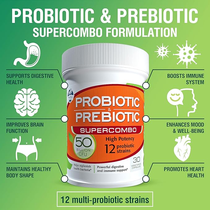 50 Billion CFU Prebiotic and Probiotic Supplement for Women and Men 12 Strains for Daily Immune Support and Digestive Health 30 Veggie Capsules Non Refrigerated High Potency Probiotics