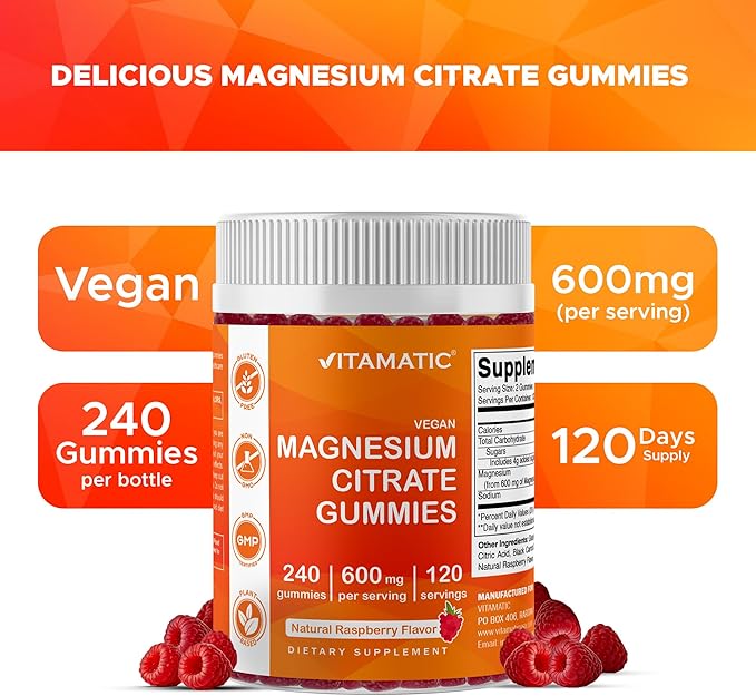 Vitamatic Magnesium Citrate Gummies 600mg per Serving - 240 Vegan Gummies - Natural Raspberry Flavor - High Absorption Magnesium Supplement - Supports Nerve Bone and Muscle Health
