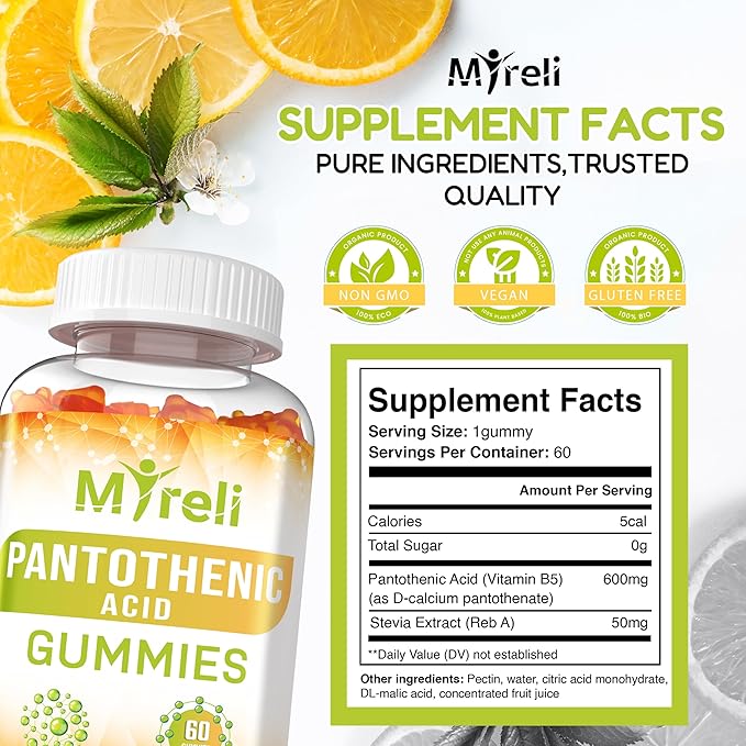 Pantothenic Acid Gummies - Vegetarian Vitamin B5 Supplement D-Calcium Pantothenate Formula Non-GMO Gluten Free 60 Chewables Gelatin Free Soy Free Dairy Free No Artificial Colors