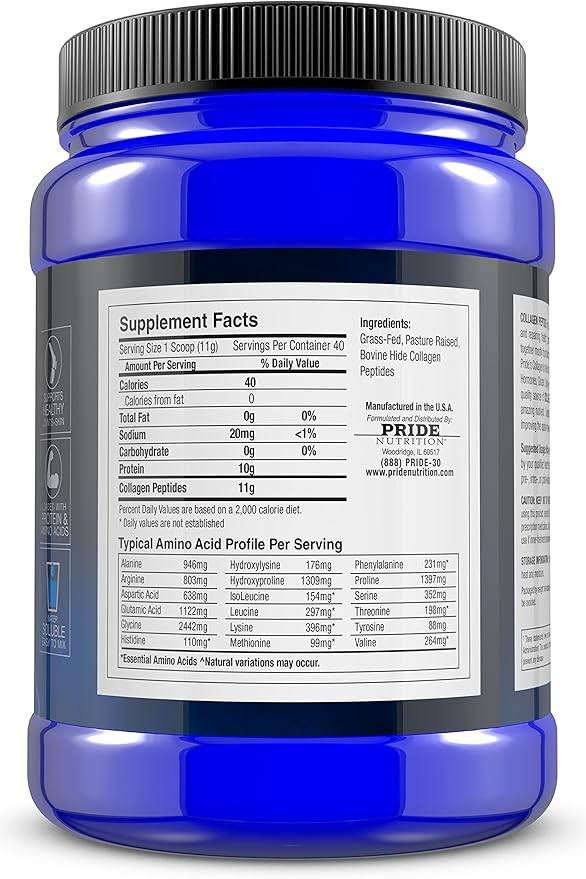 Pride Nutrition Collagen Peptides Powder Naturally-Sourced Hydrolyzed Collagen Powder - Healthy Hair Skin and Nail Support - Type I &amp III Grass-Fed Collagen Supplements for Women and Men