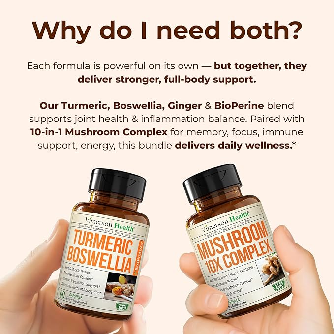 Boswellia Turmeric Curcumin Supplement + 10-in-1 Mushroom Powder Supplement Bundle – Supports Joint Health Memory &amp Focus – with Ginger Organic Turmeric Powder Lion’s Mane Reishi Mushroom &amp